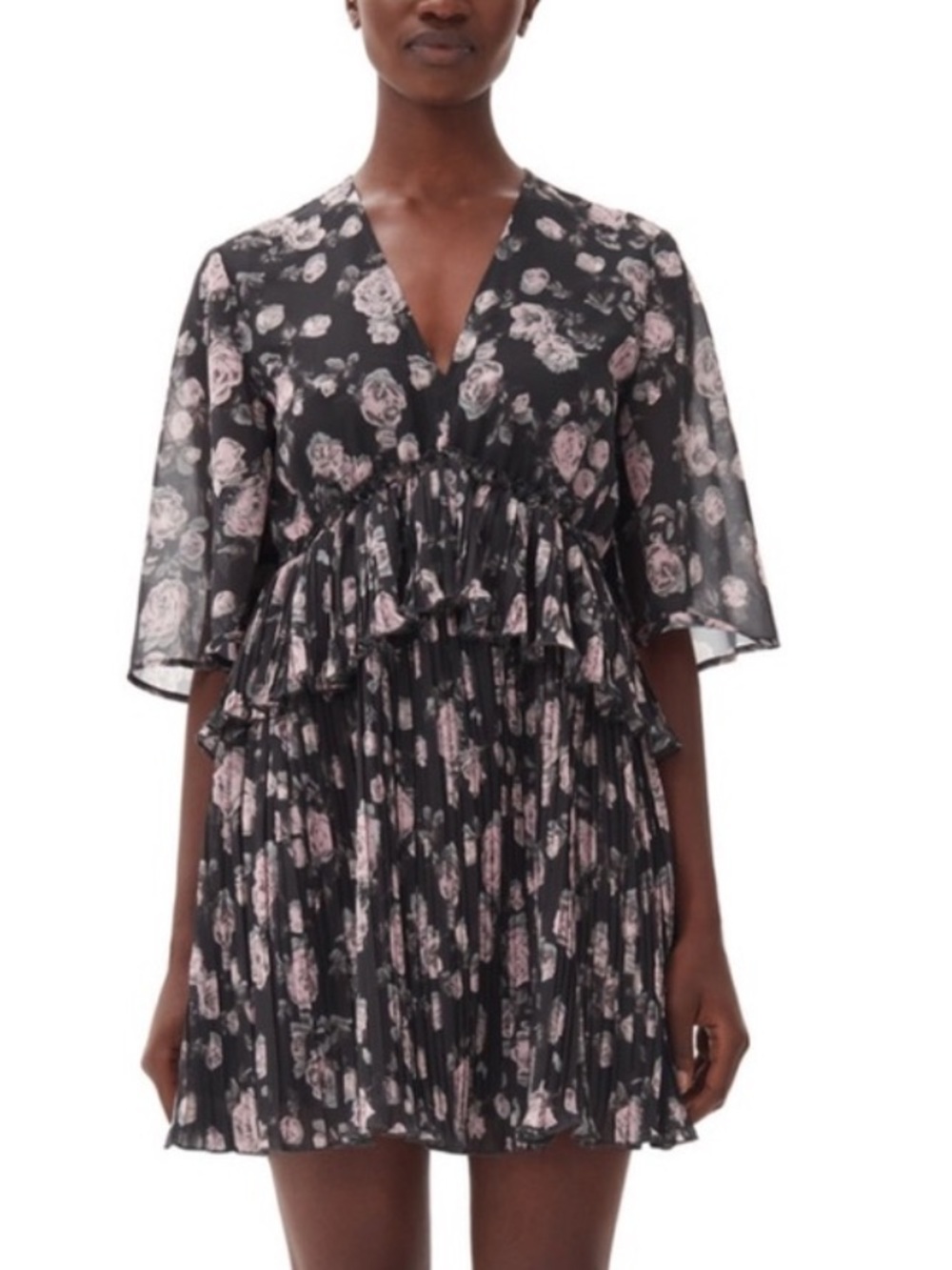 Ganni Black and Pink Floral Mini Dress